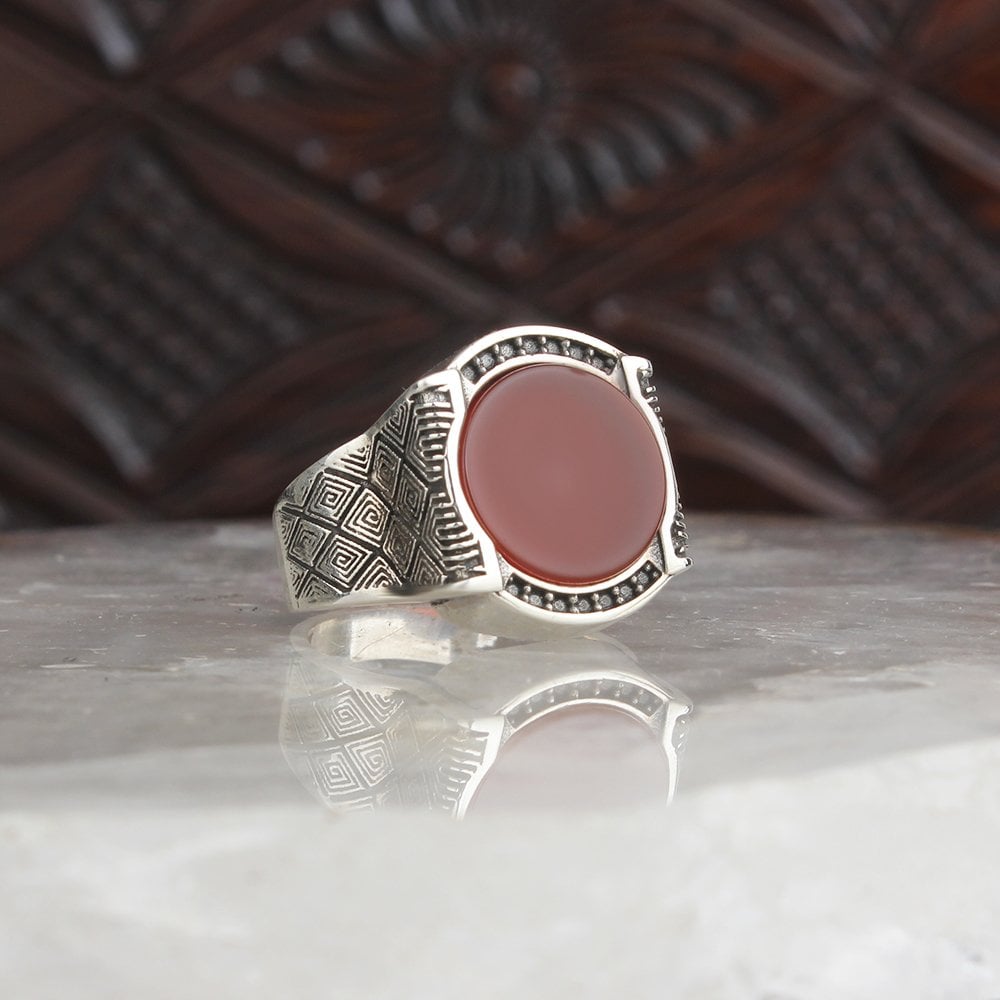 Hand Engraved  Agate Stone 925 Sterling Silver Men's Ring