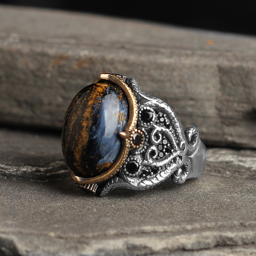 925 Sterling Silver Men's Ring with Pietersite Stone