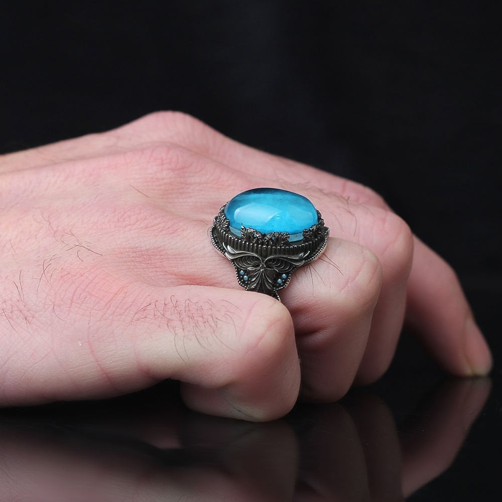 925 Sterling Silver Men's Ring with Paraiba Stone