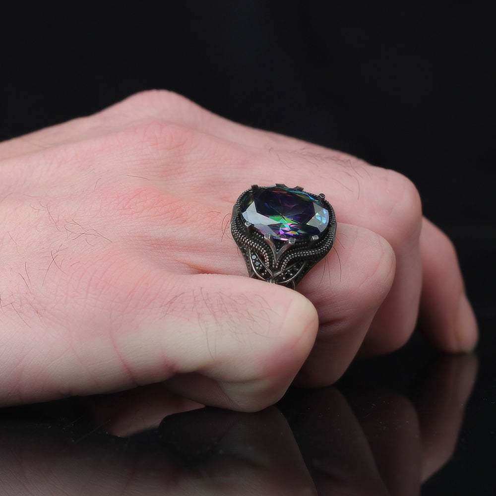 925 Sterling Silver Men's Ring with Mystic Topaz Stone
