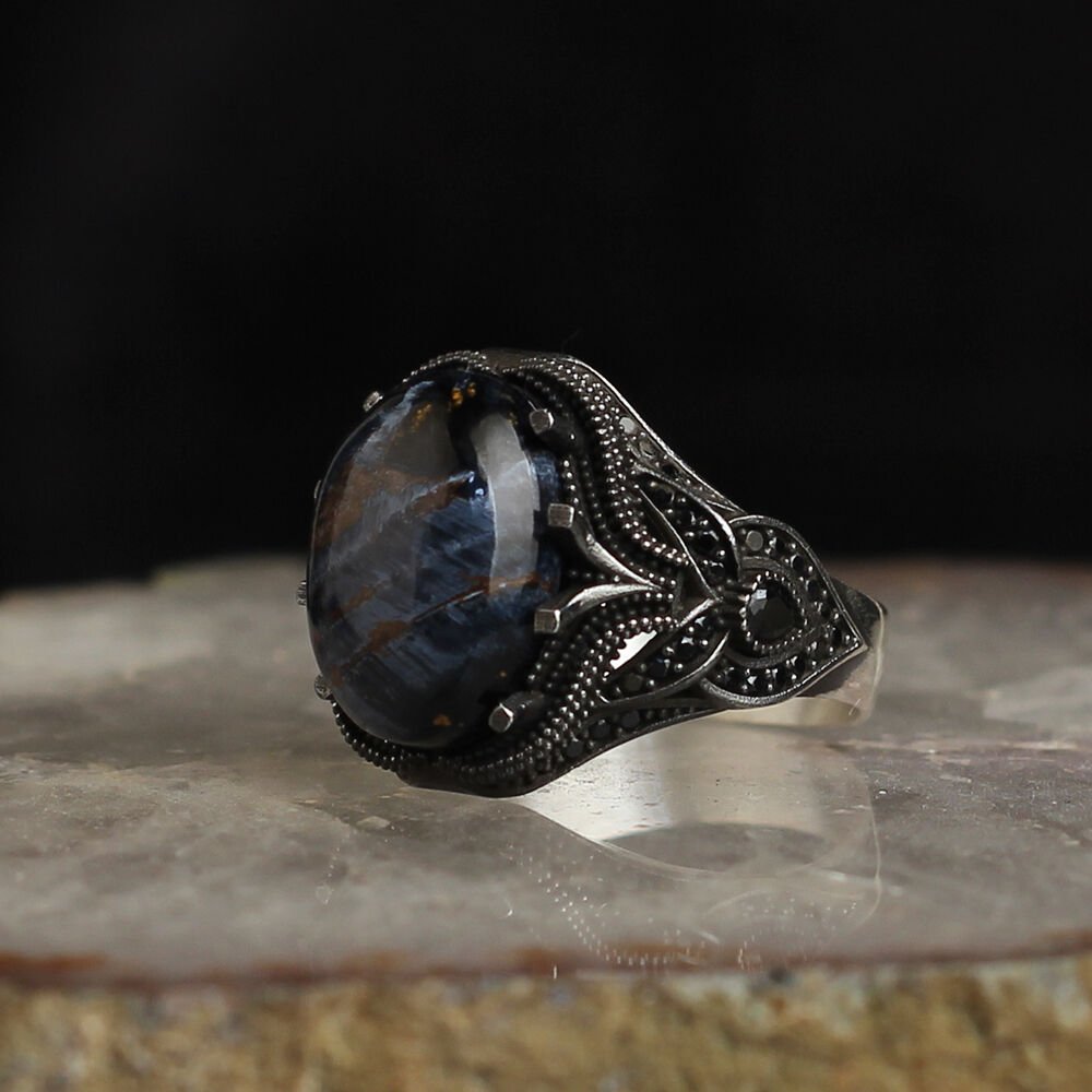 925 Sterling Silver Men's Ring with Pietersite Stone