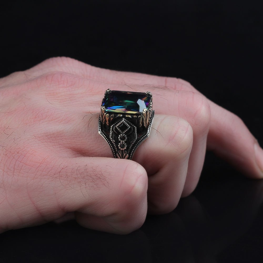 925 Sterling Silver Men's Ring with Mystic Topaz Stone