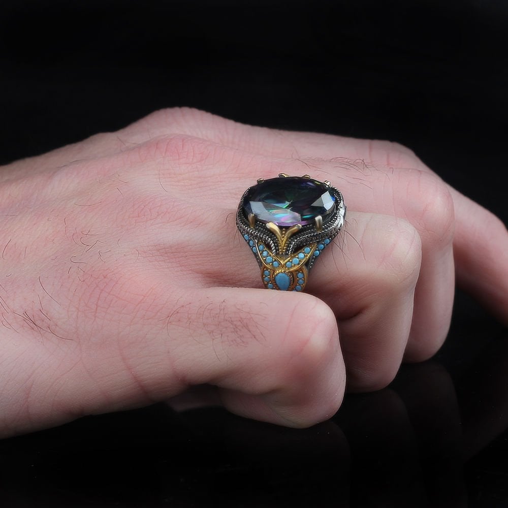 Mystic Topaz Stone Rhodium Plated 925 Sterling Silver Men's Ring