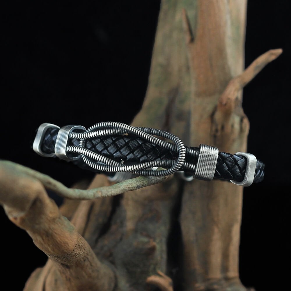 Auger Model 925 Sterling Silver Leather Bracelet for Men
