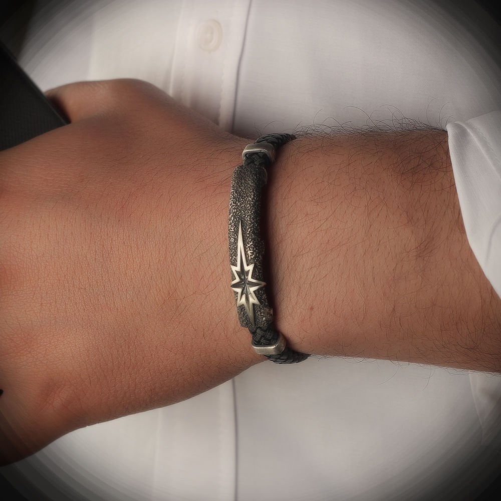 Pole Star Model 925 Sterling Silver Leather Bracelet for Men