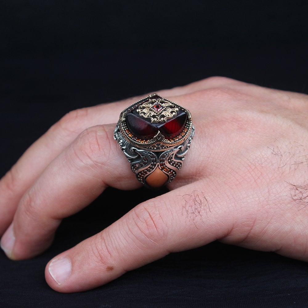 925 Sterling Silver Men's Ring with Amber Stone