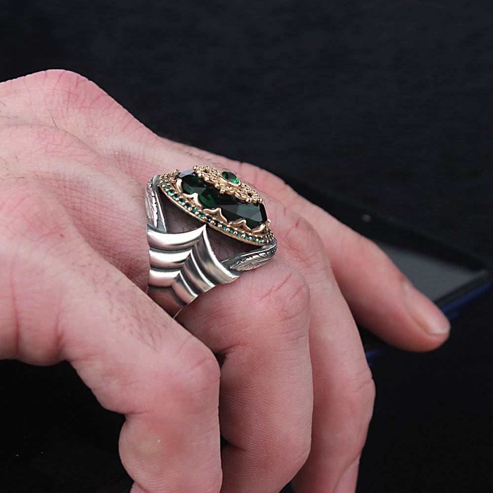 Zircon Stone Hand Engraved  Silver Men's Ring