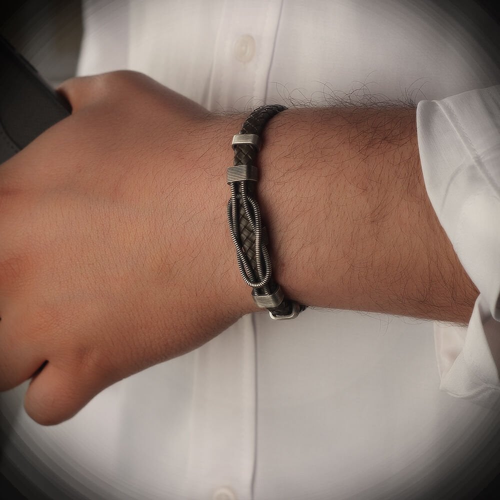 Auger Model 925 Sterling Silver Leather Bracelet for Men
