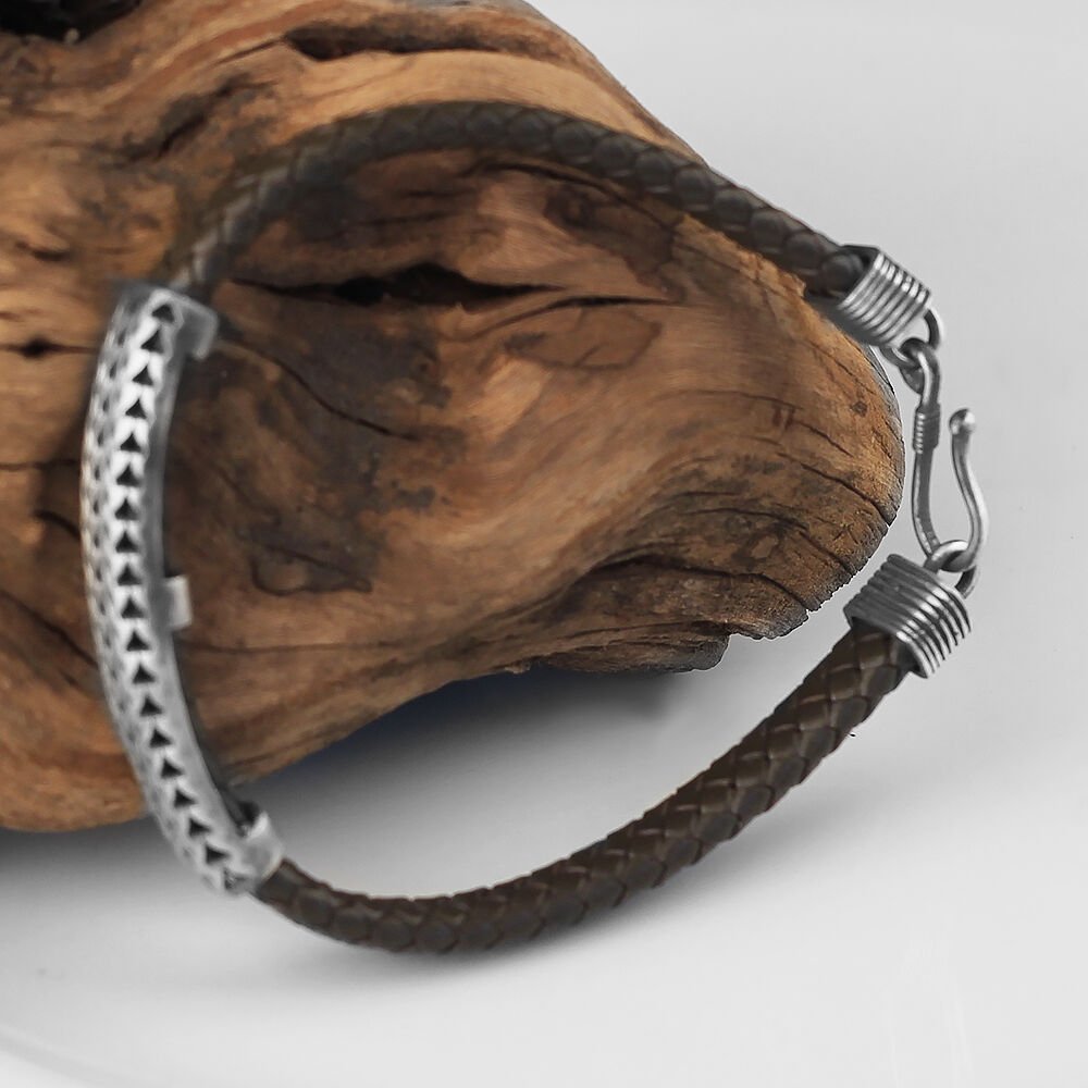 Chain Model 925 Sterling Silver Leather Bracelet for Men