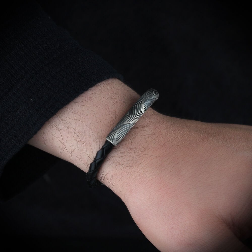 Hand Engraved  Model 925 Sterling Silver Leather Bracelet for Men