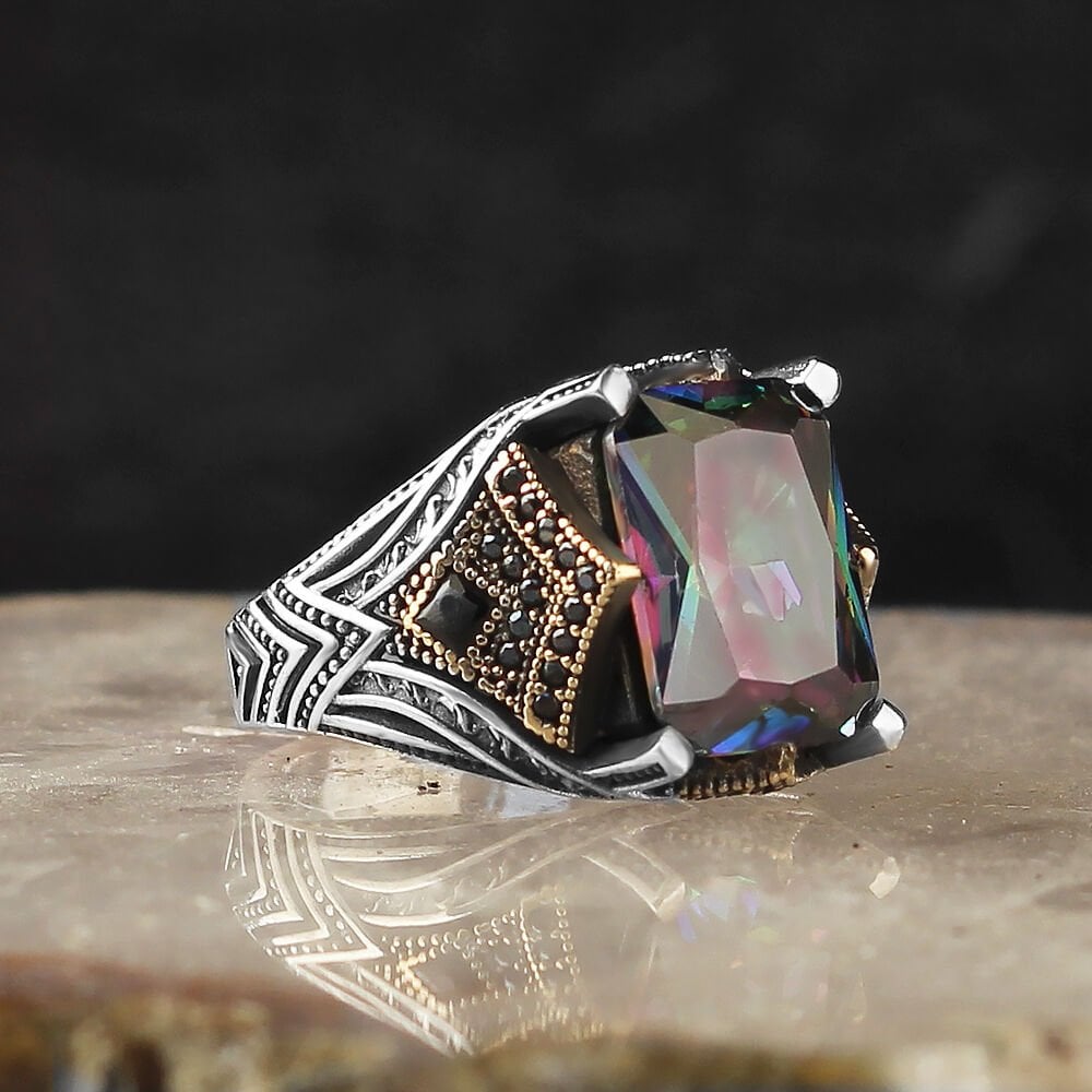 925 Sterling Silver Men's Ring with Mystic Topaz Stone