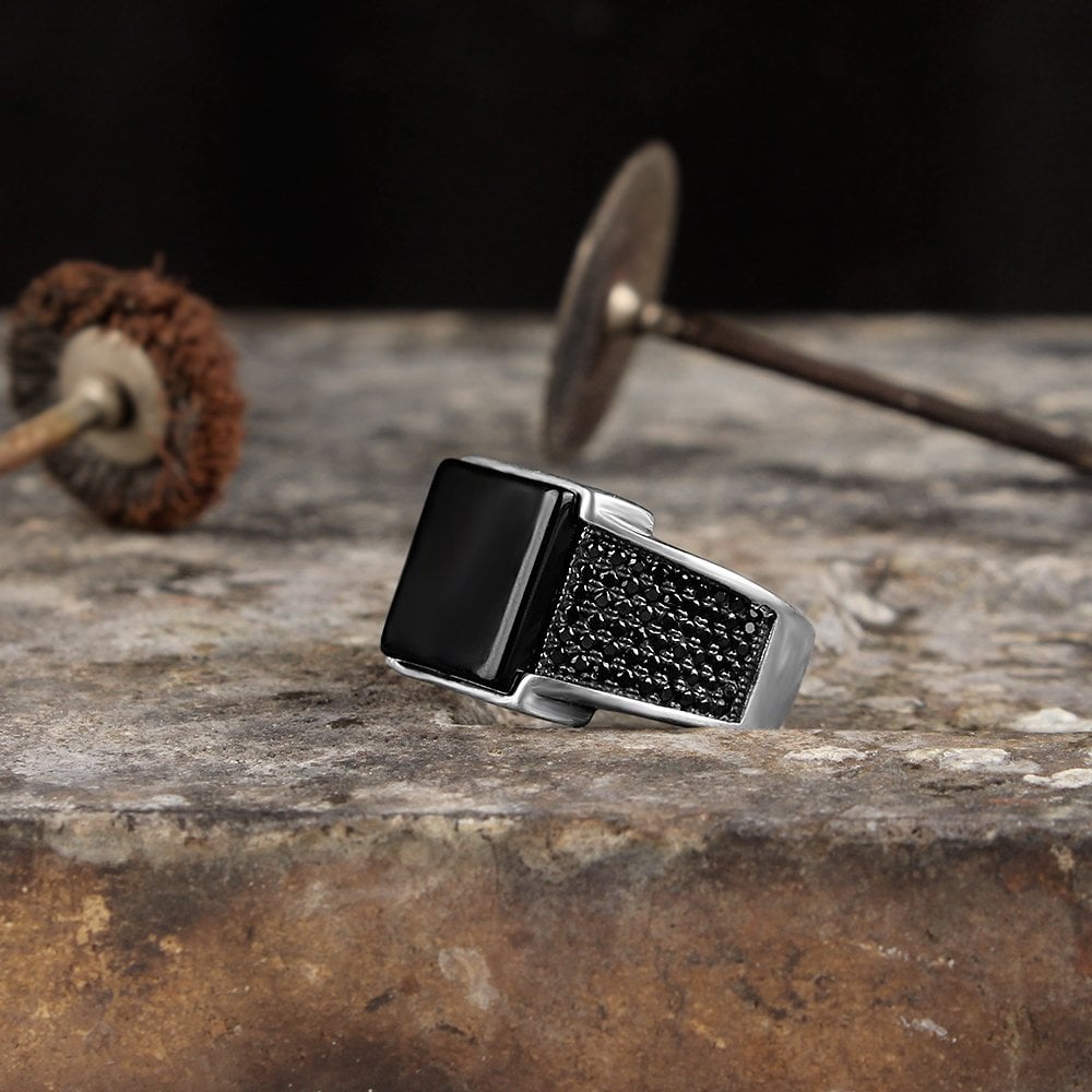925 Sterling Silver Men's Ring with Matte Onyx Stone