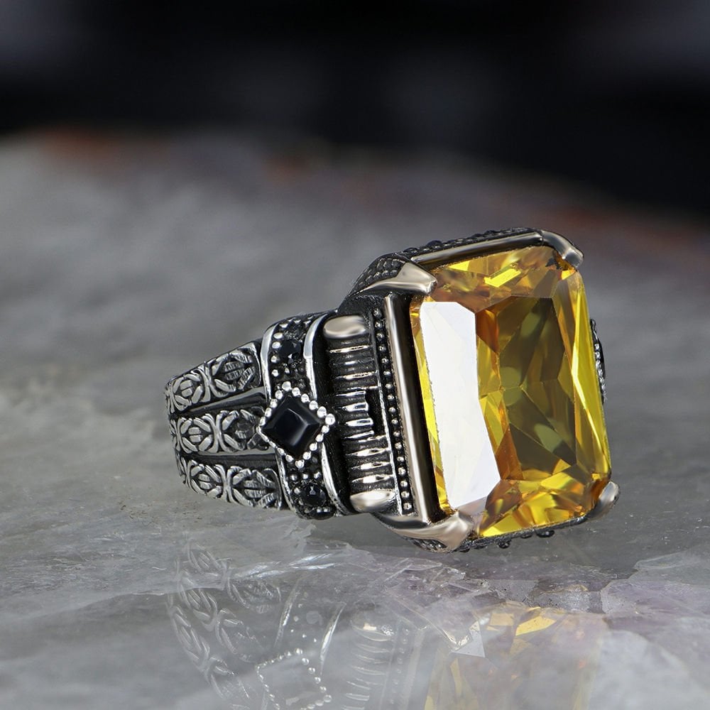 Chain Series 925 Sterling  Citrine Stone Men's Silver Ring