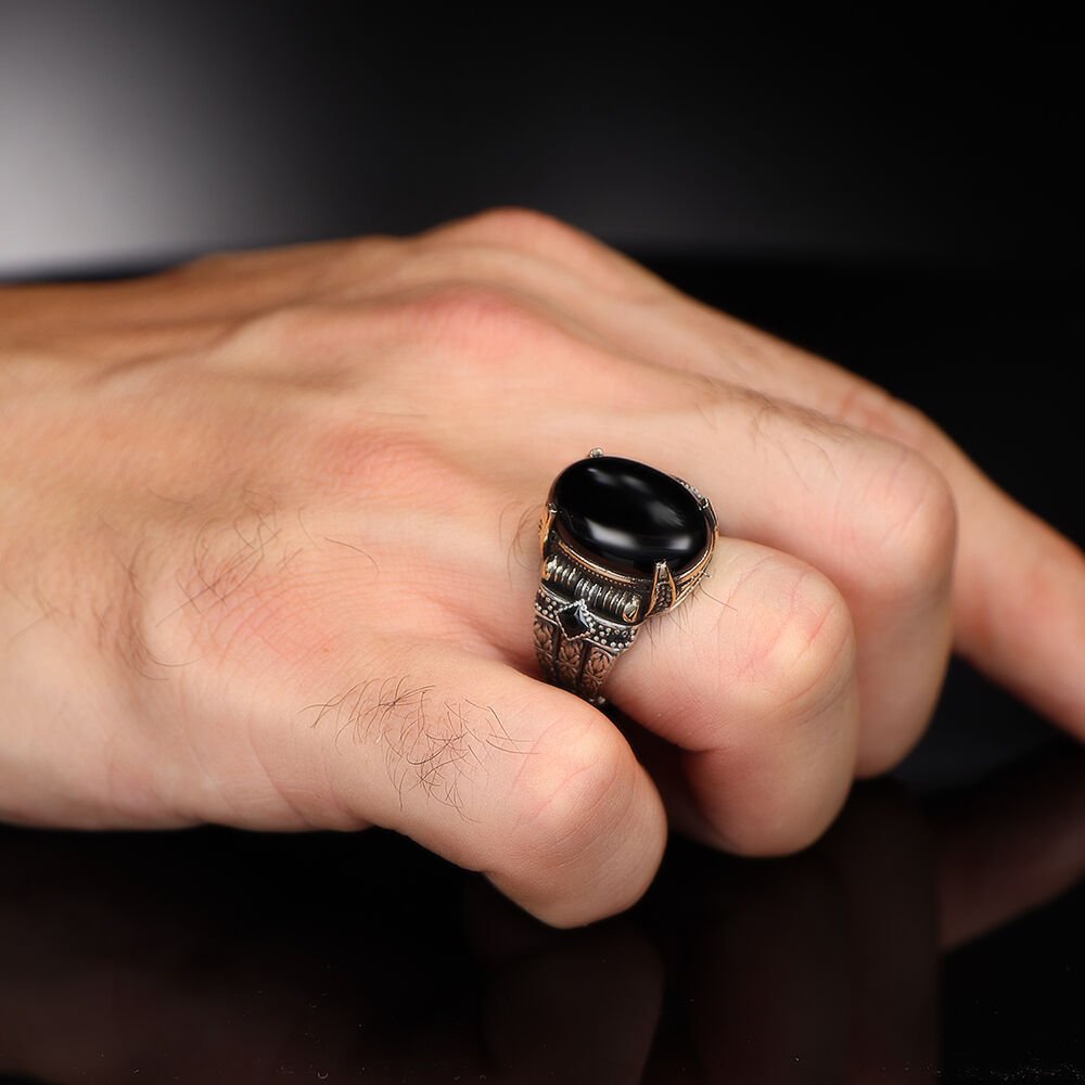 Chain Series 925 Sterling Silver Onyx Stone Men's Ring