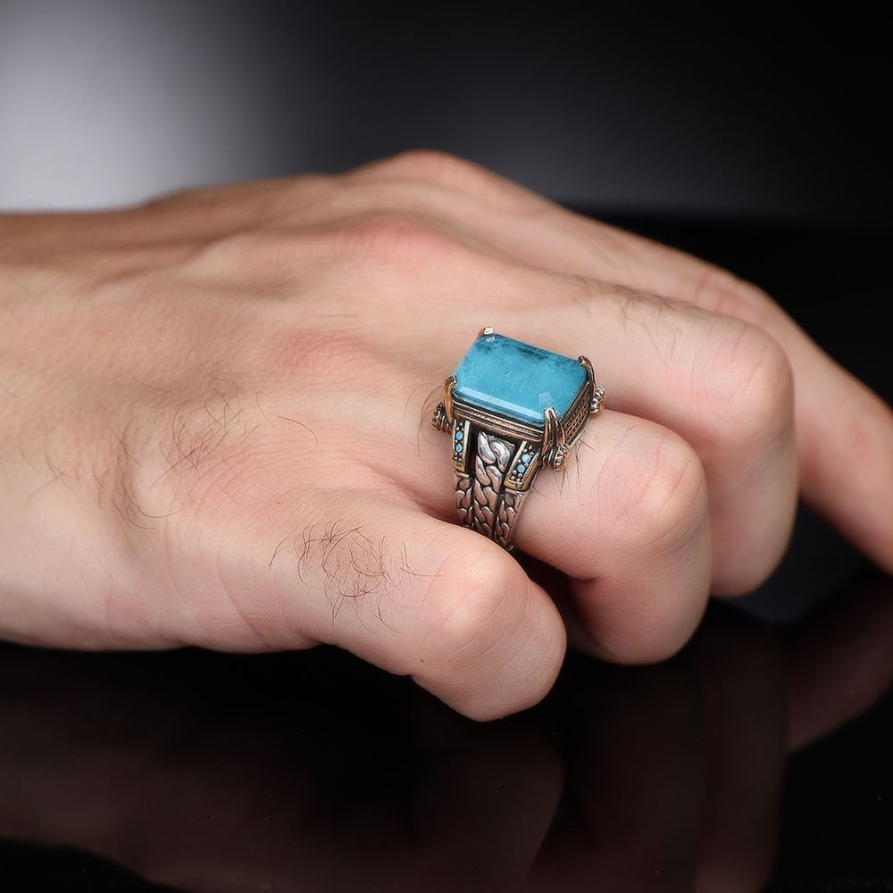 Chain Series 925 Sterling Silver Men's Ring with Paraiba Stone