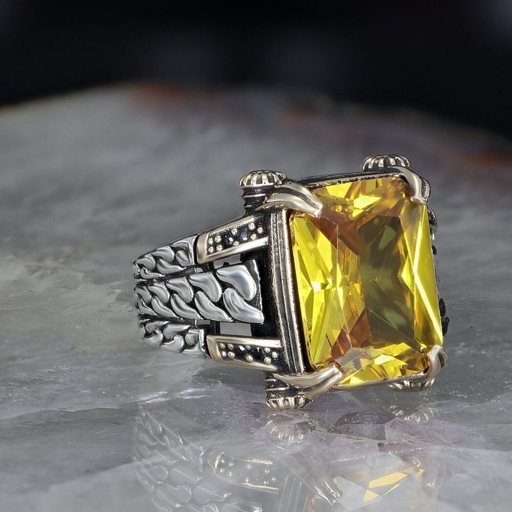 Chain Series 925 Sterling  Citrine Stone Men's Silver Ring