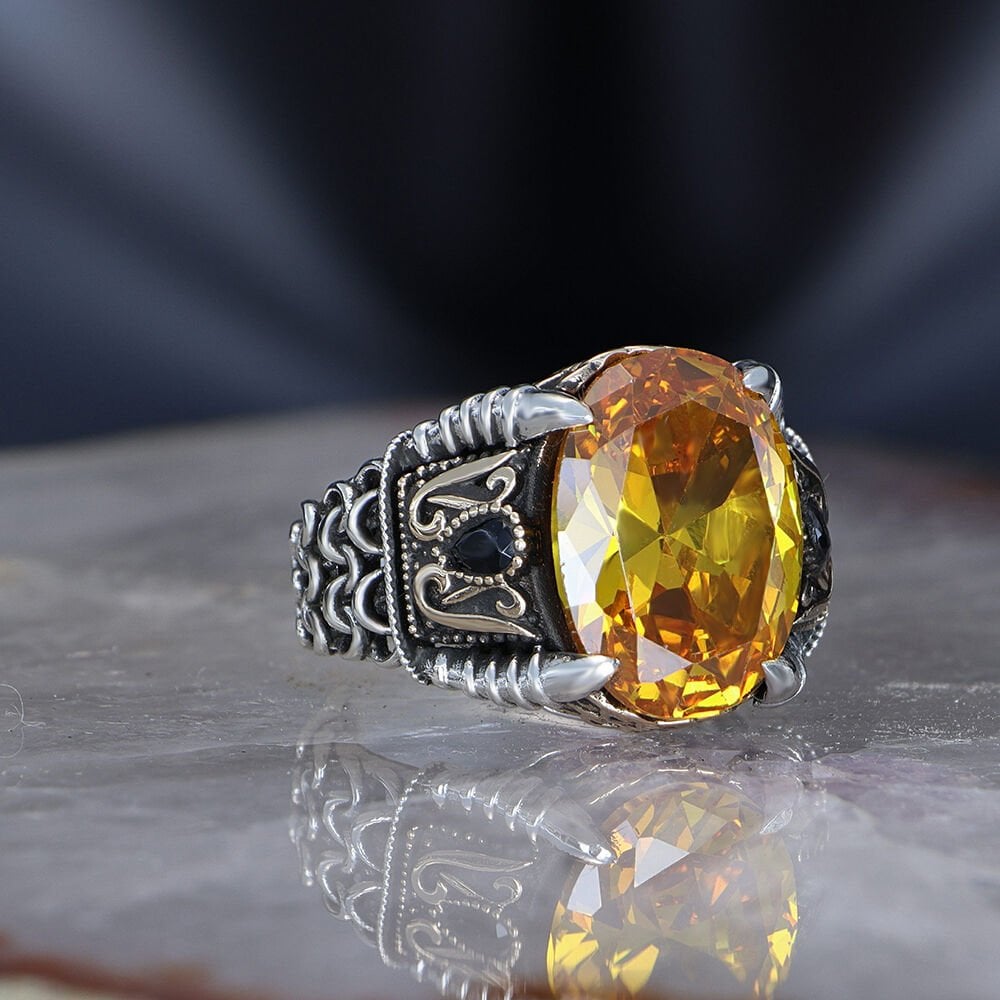 Chain Series 925 Sterling  Citrine Stone Men's Silver Ring