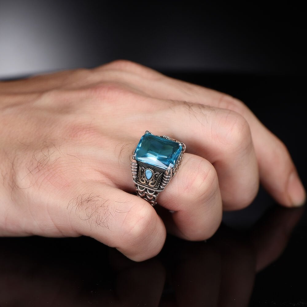 Chain Series 925 Sterling Blue Topaz Men's Silver Ring