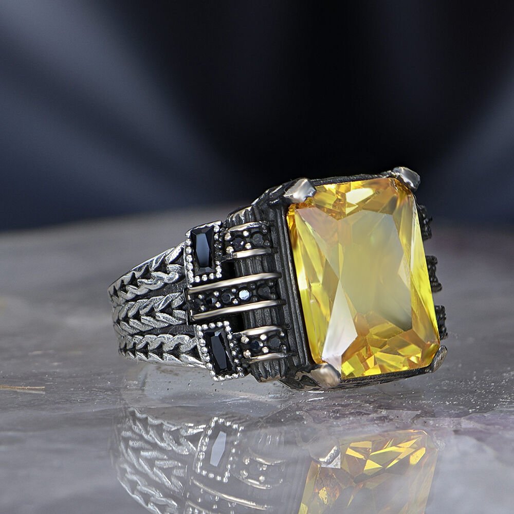 Chain Series 925 Sterling  Citrine Stone Men's Silver Ring