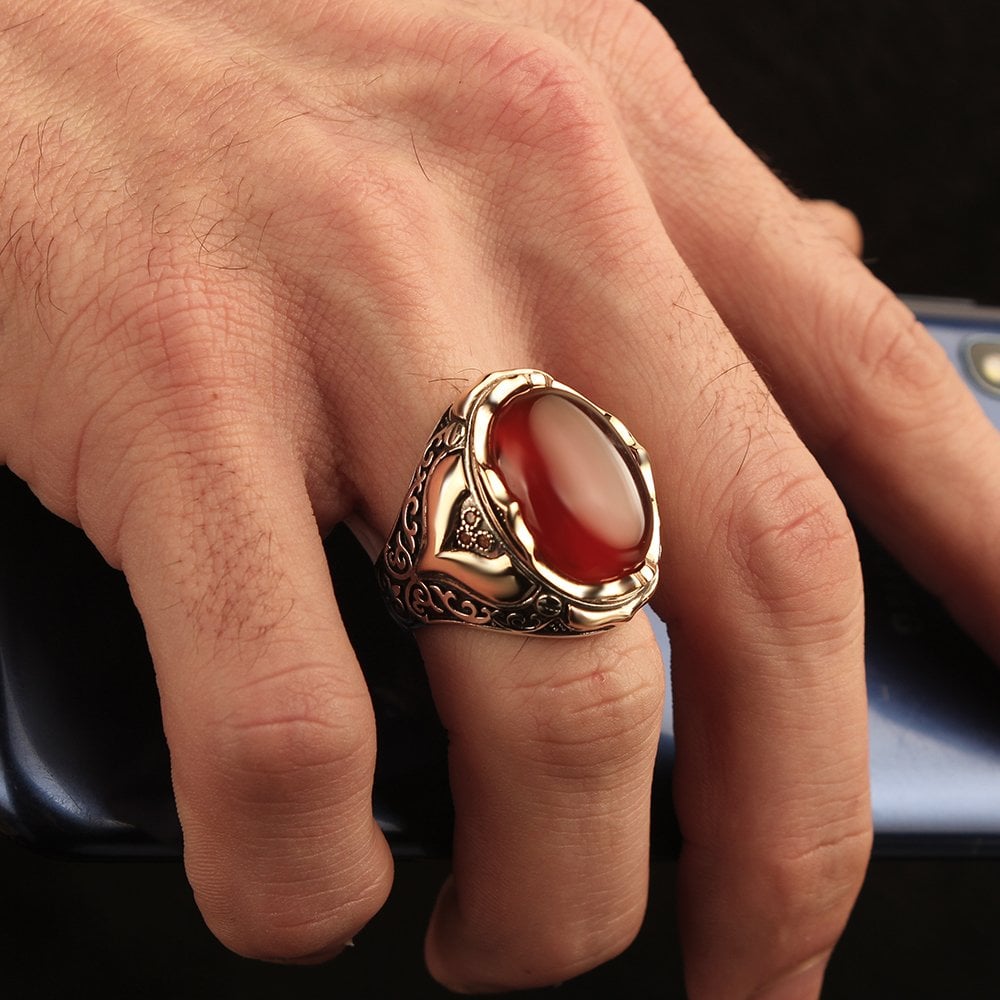 925 Sterling Silver Men's Ring with Agate Stone