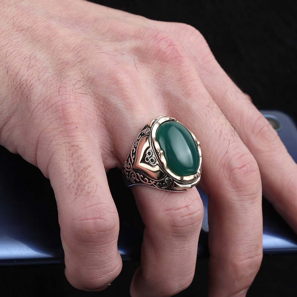 925 Sterling Silver Men's Ring with Agate Stone