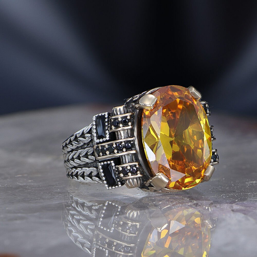 Chain Series 925 Sterling  Citrine Stone Men's Silver Ring