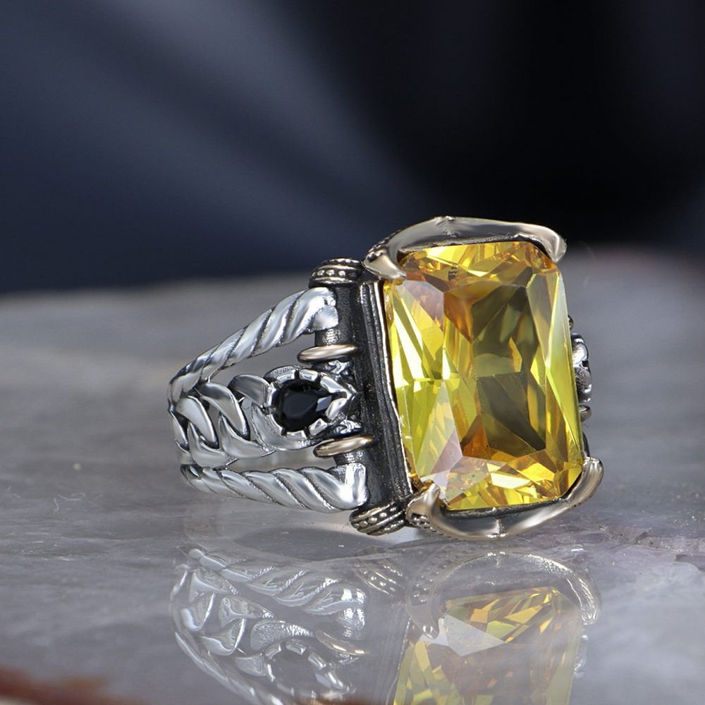 Chain Series 925 Sterling  Citrine Stone Men's Silver Ring