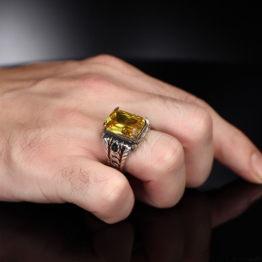 Chain Series 925 Sterling  Citrine Stone Men's Silver Ring