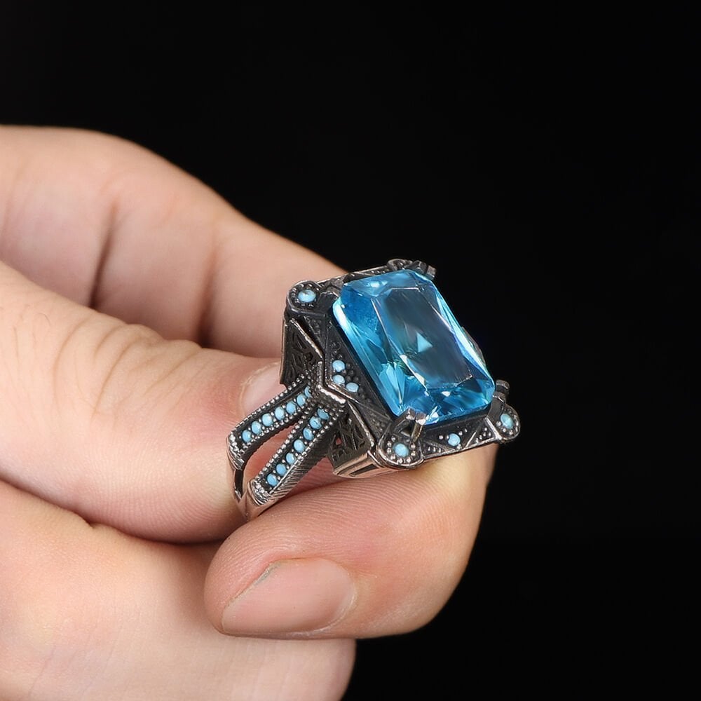 925 Sterling Silver Men's Ring with Blue Topaz Stone