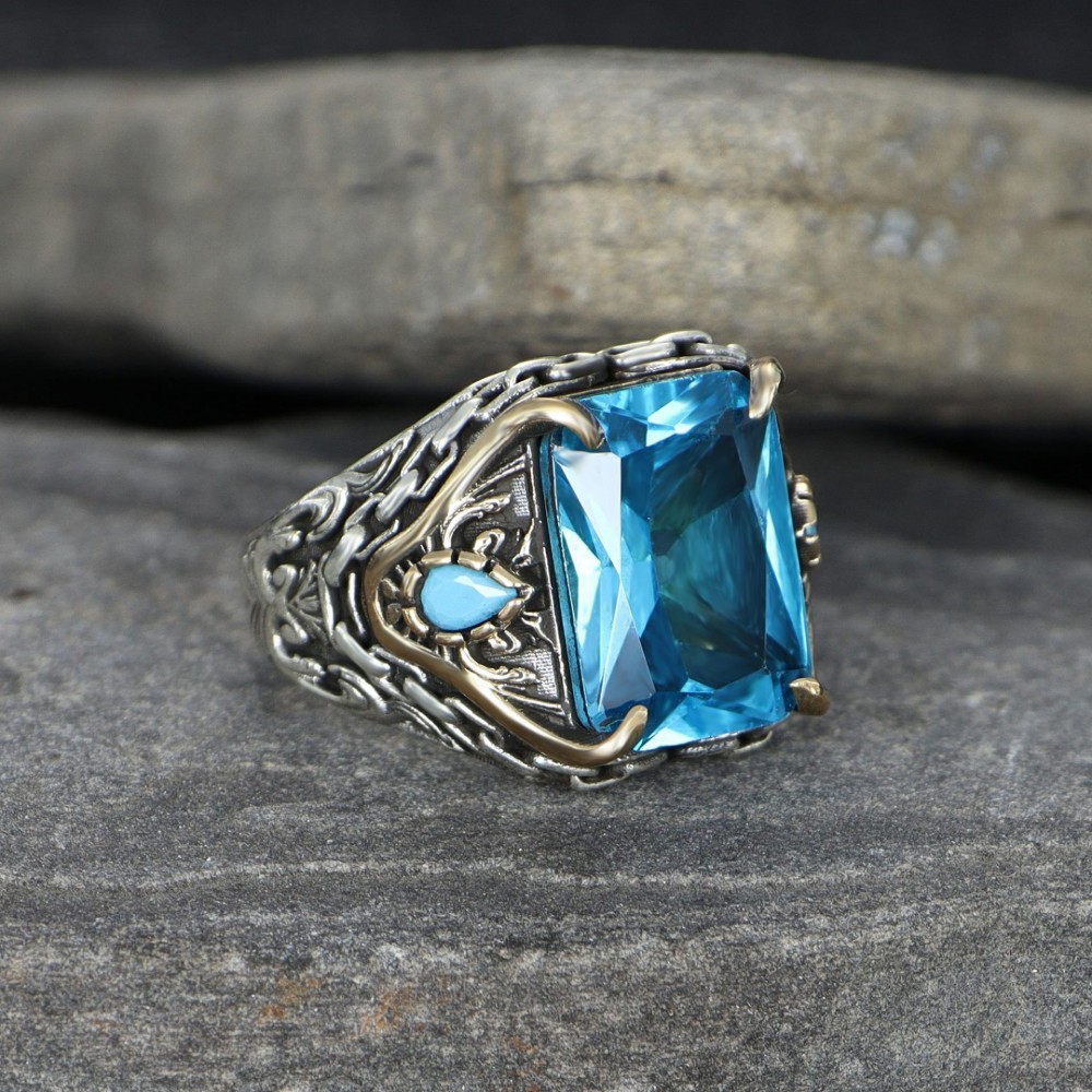 Chain Series Aquamarine Stone 925 Sterling Silver Men's Ring