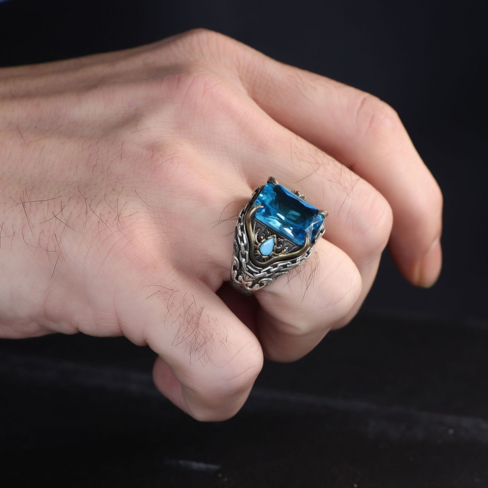 Chain Series Aquamarine Stone 925 Sterling Silver Men's Ring