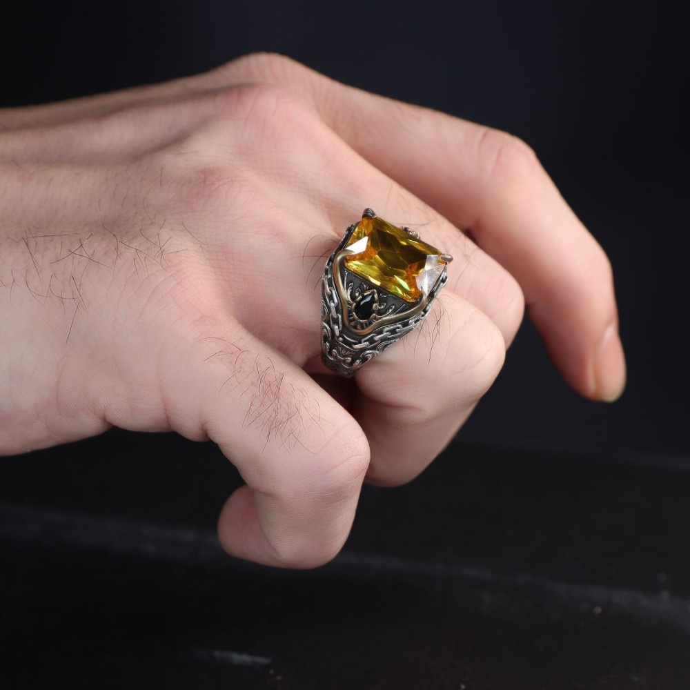 Chain Series Citrine Stone 925 Sterling Silver Men's Ring