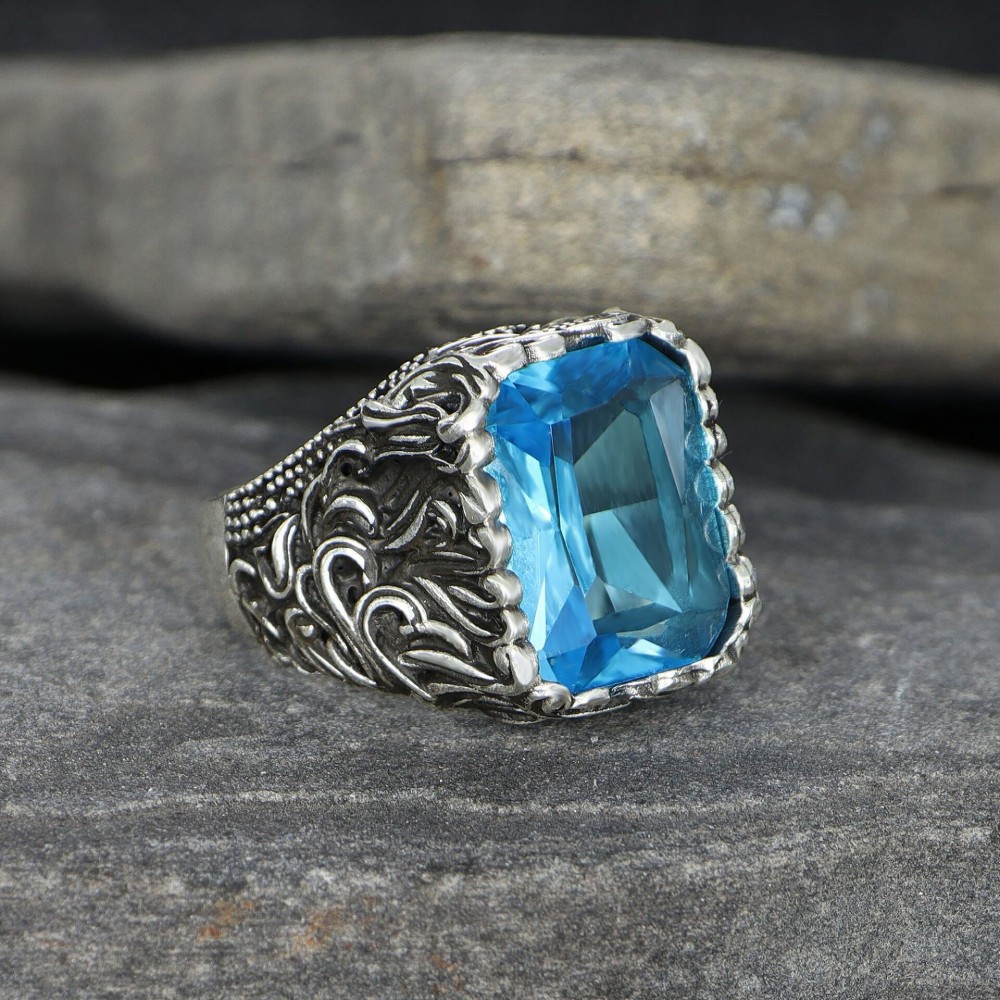 Aquamarine 925 Sterling Silver Men's Ring