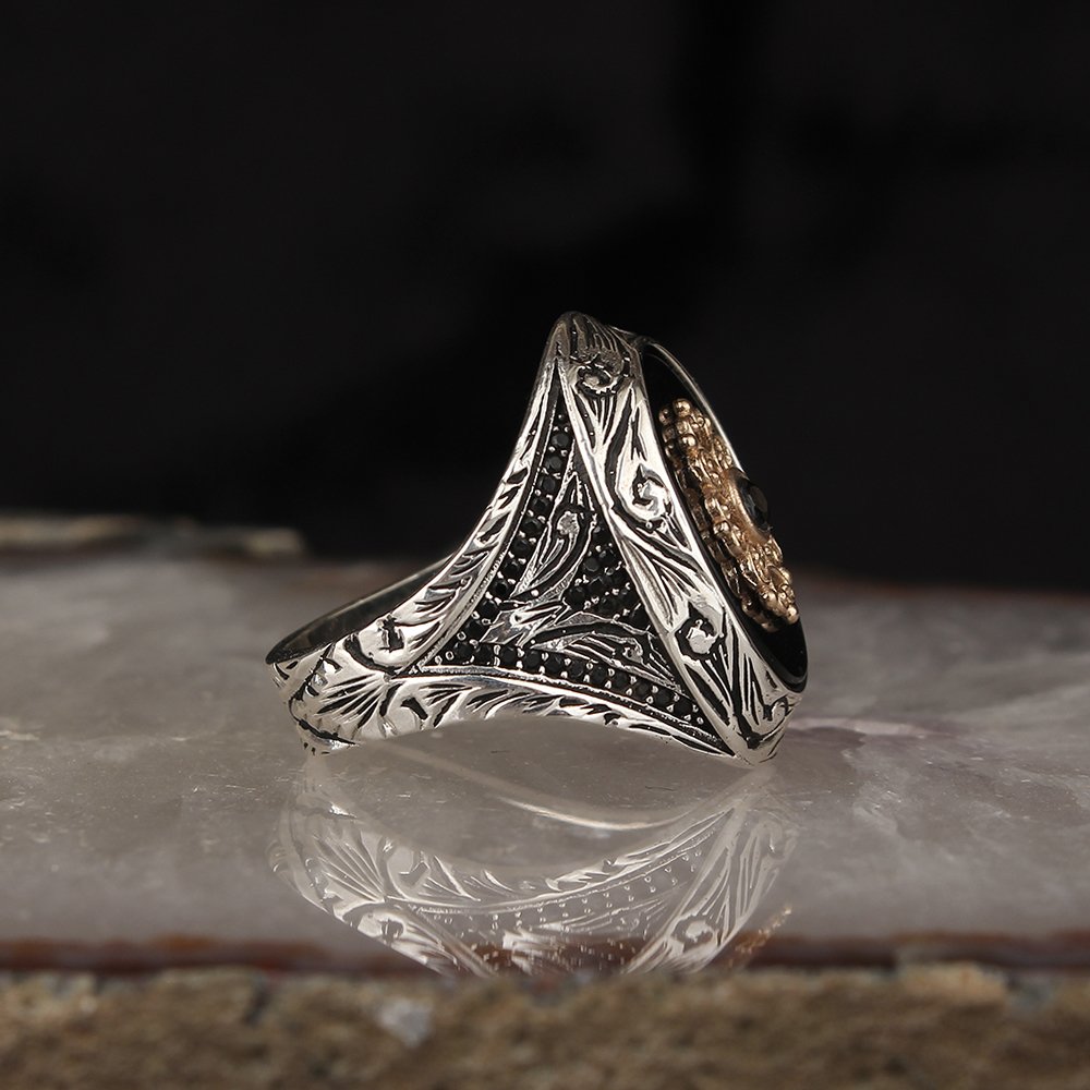 Onyx Stone Hand Engraved  925 Sterling Silver Men's Ring