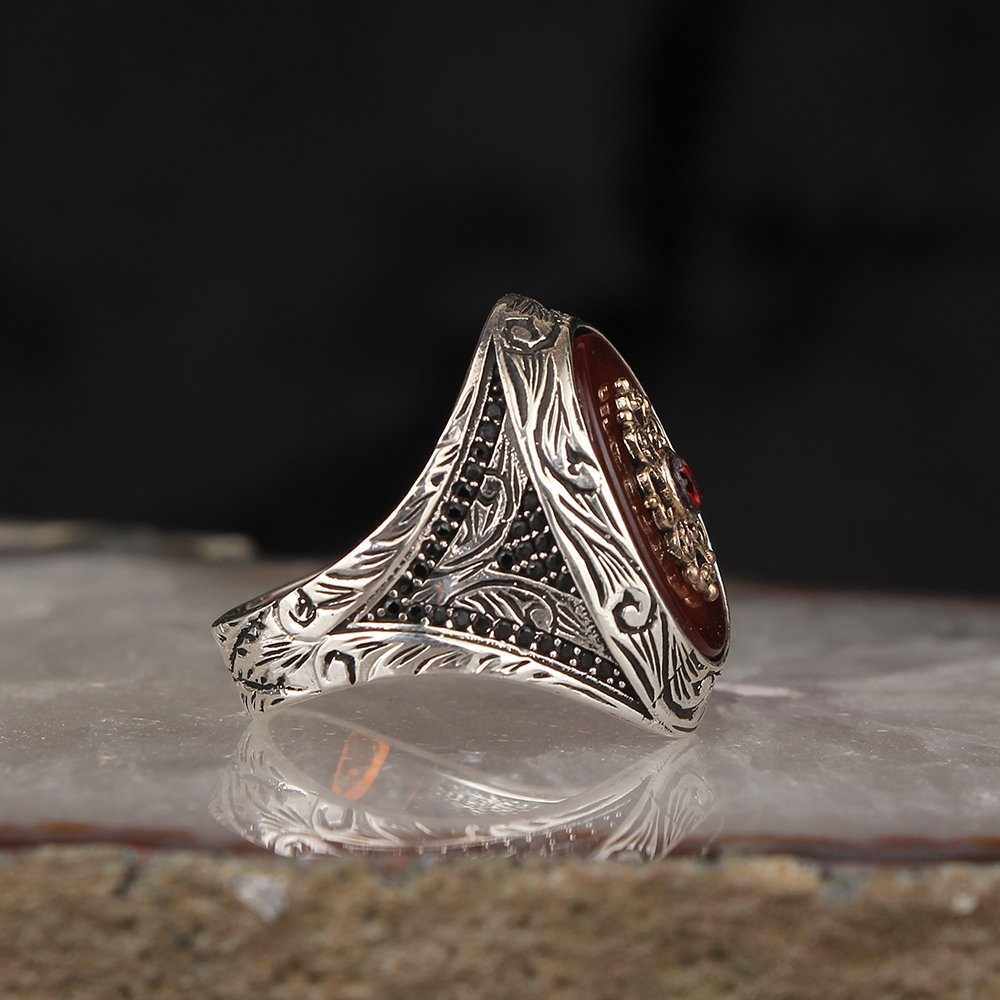 925 Sterling Silver Men's Ring with Hand Engraved  and Agate Stone
