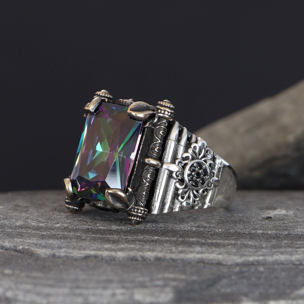 925 Sterling Silver Men's Ring with Mystic Topaz Stone