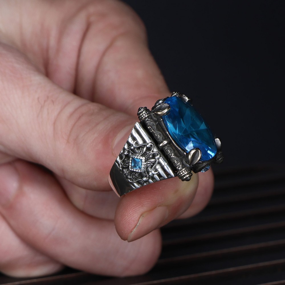 925 Sterling Silver Men's Ring with Aquamarine Stone