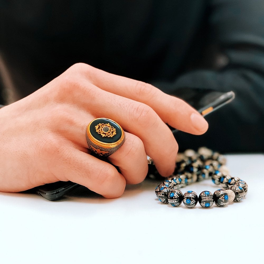 Onyx Stone Rhodium Plated 925 Sterling Silver Men's Ring