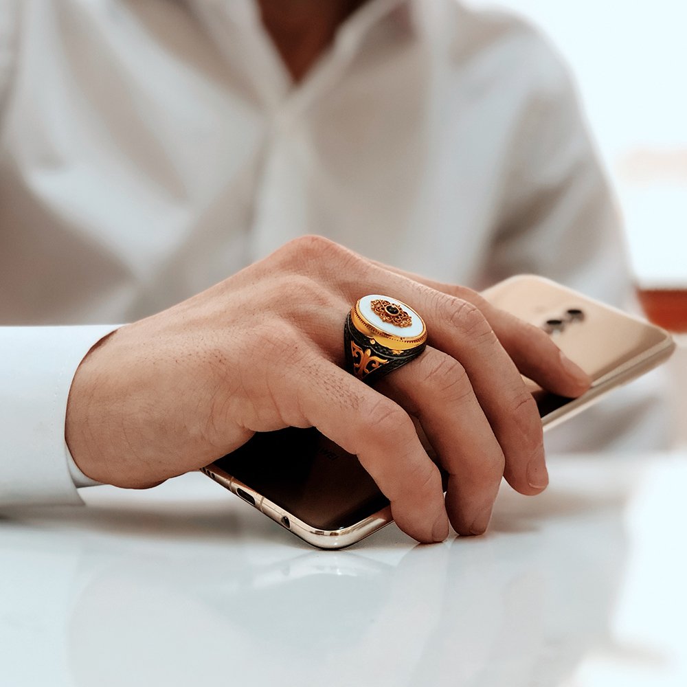 Mother of Pearl Stone Rhodium Plated 925 Sterling Silver Men's Silver Ring