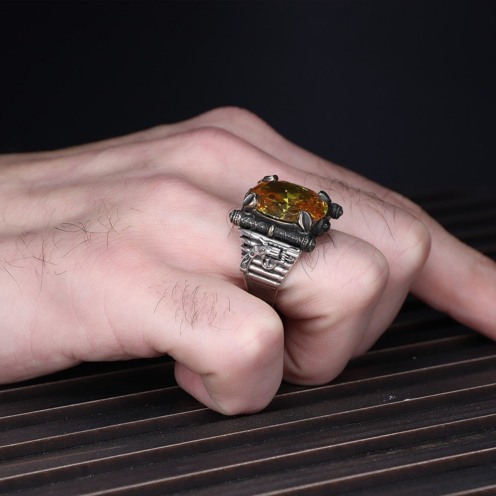 Revolver Model Citrine Stone 925 Sterling Silver Men's Ring