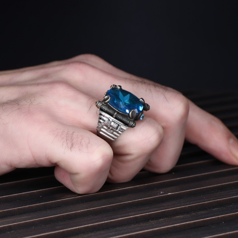 Revolver Model Aquamarine Stone 925 Sterling Silver Men's Ring