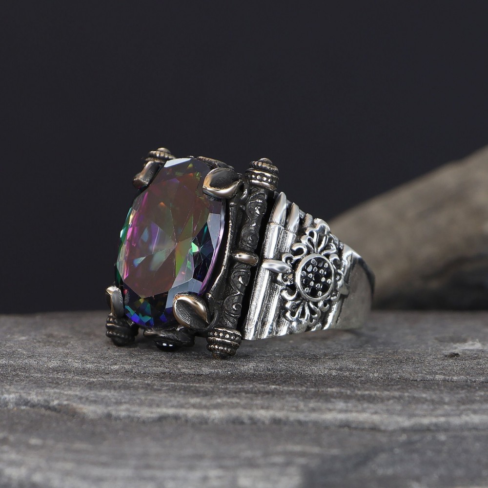 925 Sterling Silver Men's Ring with Mystic Topaz Stone