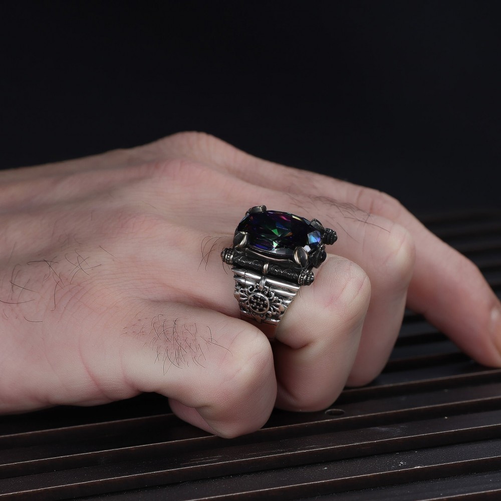 925 Sterling Silver Men's Ring with Mystic Topaz Stone