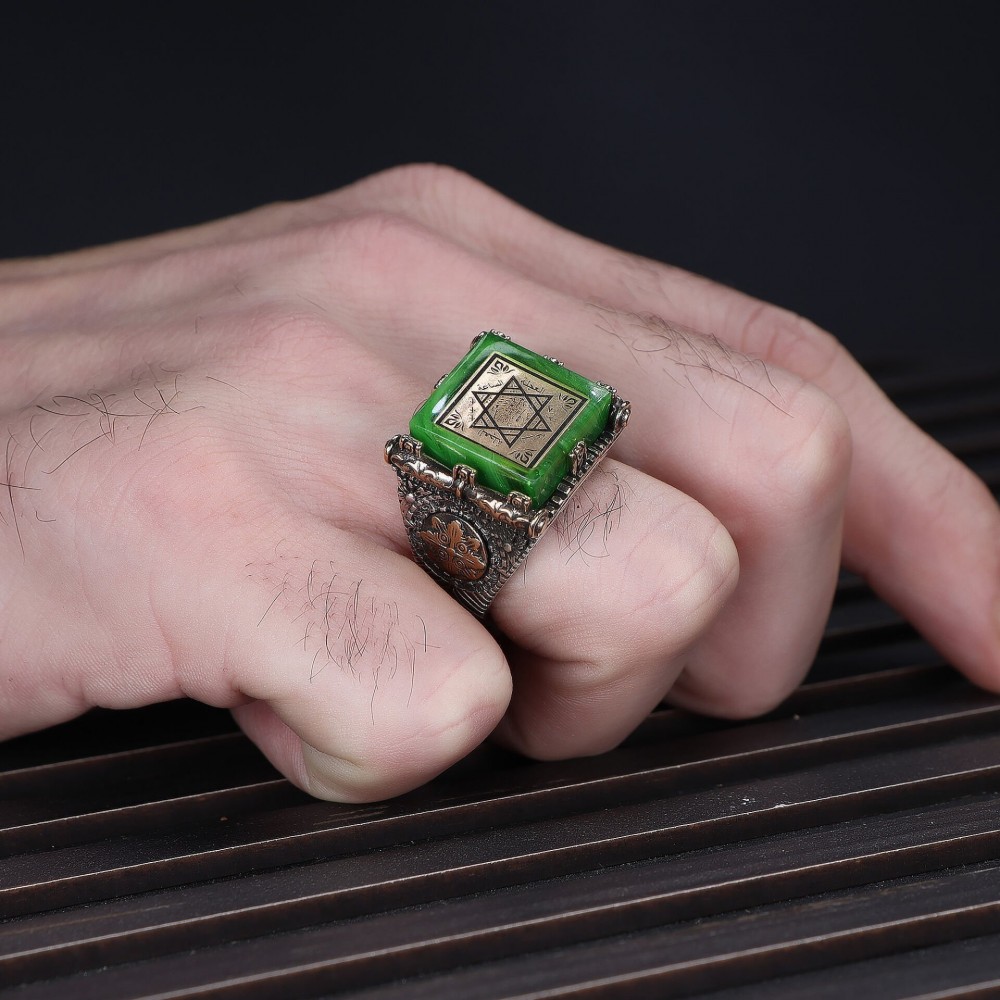 925 Sterling Silver Men's Ring with Seal of Suleyman Amber Stone