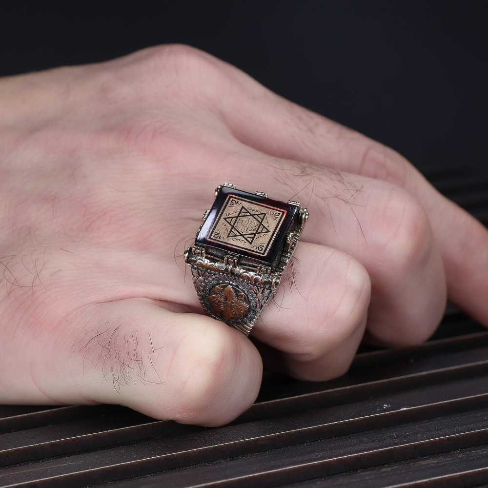 925 Sterling Silver Men's Ring with Seal of Suleyman Amber Stone