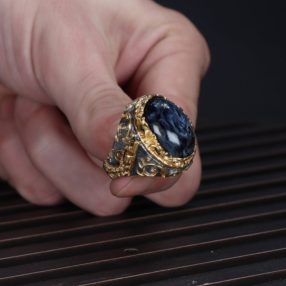 Revolver Model Rhodium Plated Petersite Stone 925 Sterling Silver Men's Ring