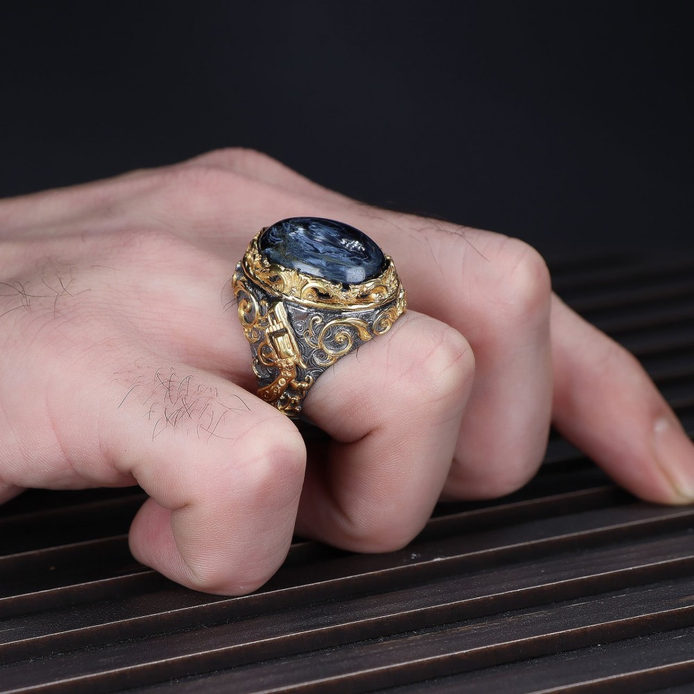 Revolver Model Rhodium Plated Petersite Stone 925 Sterling Silver Men's Ring