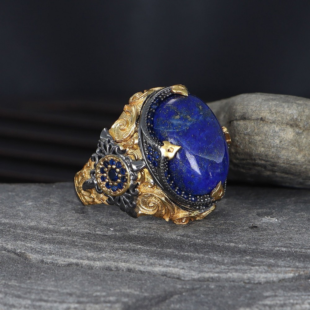 925 Sterling Silver Men's Ring with Rhodium Plated Lapis Lazuli Stone
