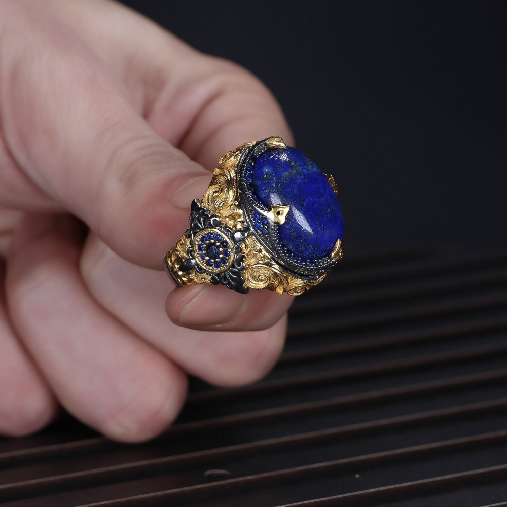 925 Sterling Silver Men's Ring with Rhodium Plated Lapis Lazuli Stone