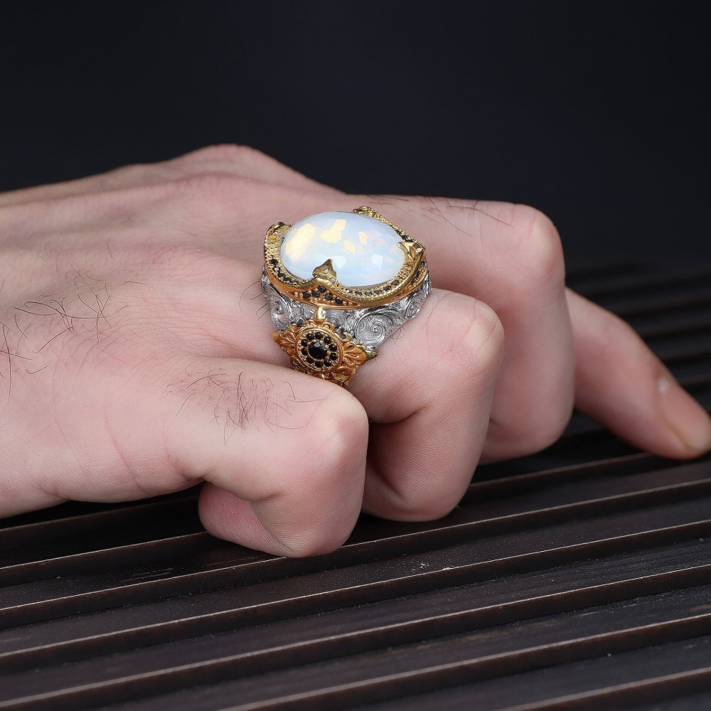Rhodium Plated Moonstone 925 Sterling Silver Men's Ring